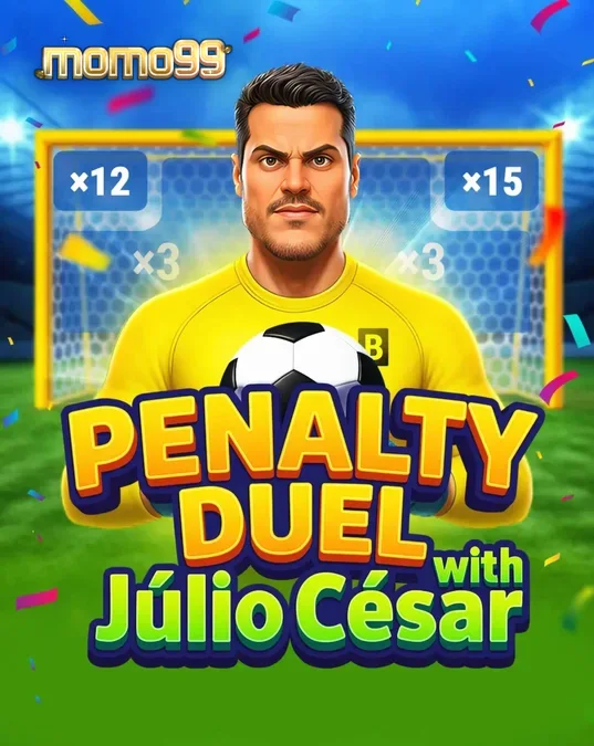 Tampilan antarmuka permainan Penalty Duel dengan Júlio César di lapangan stadion